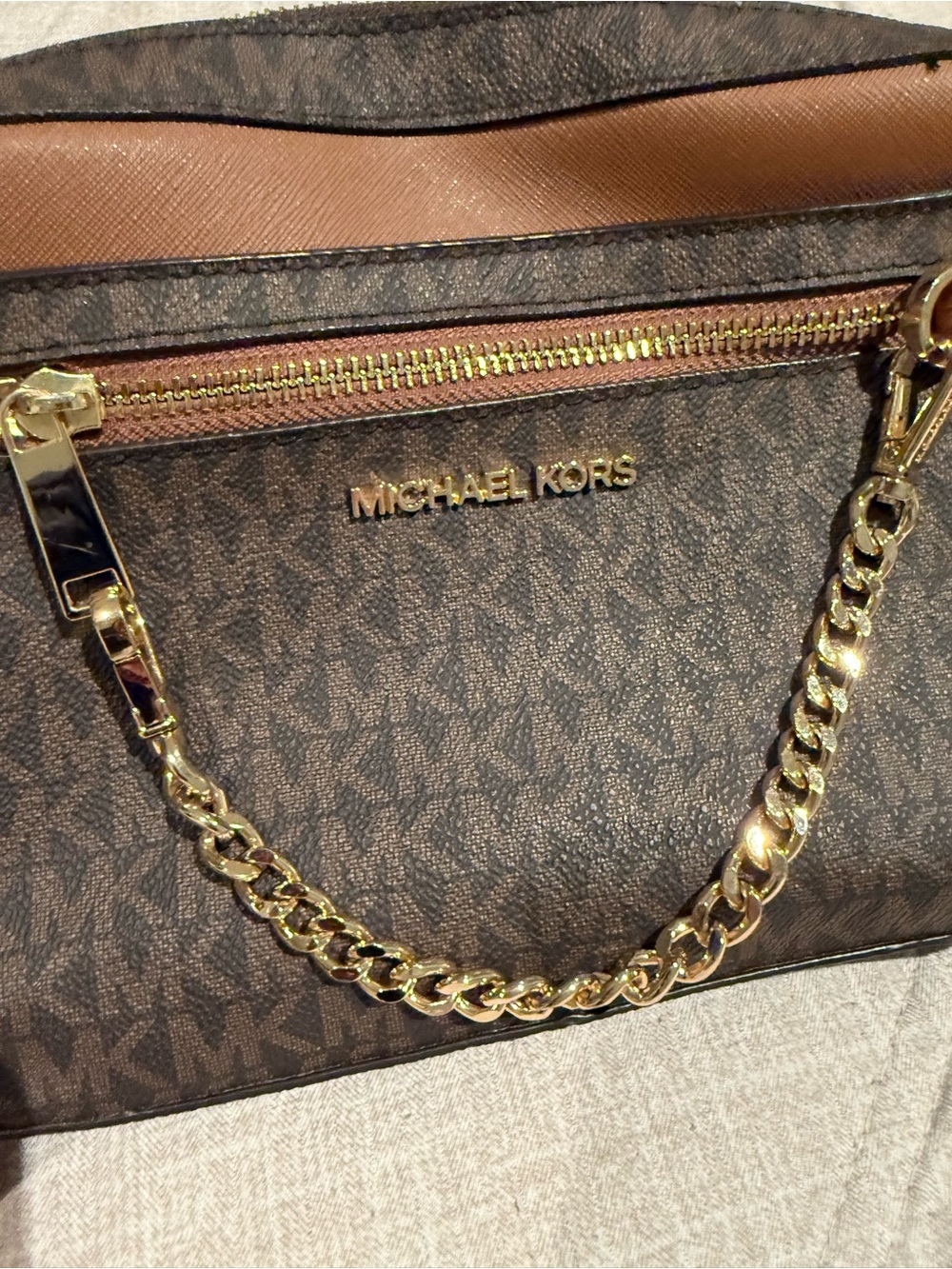 Michael Kors Brown MK Logo Shoulder Bag with Gold Chain